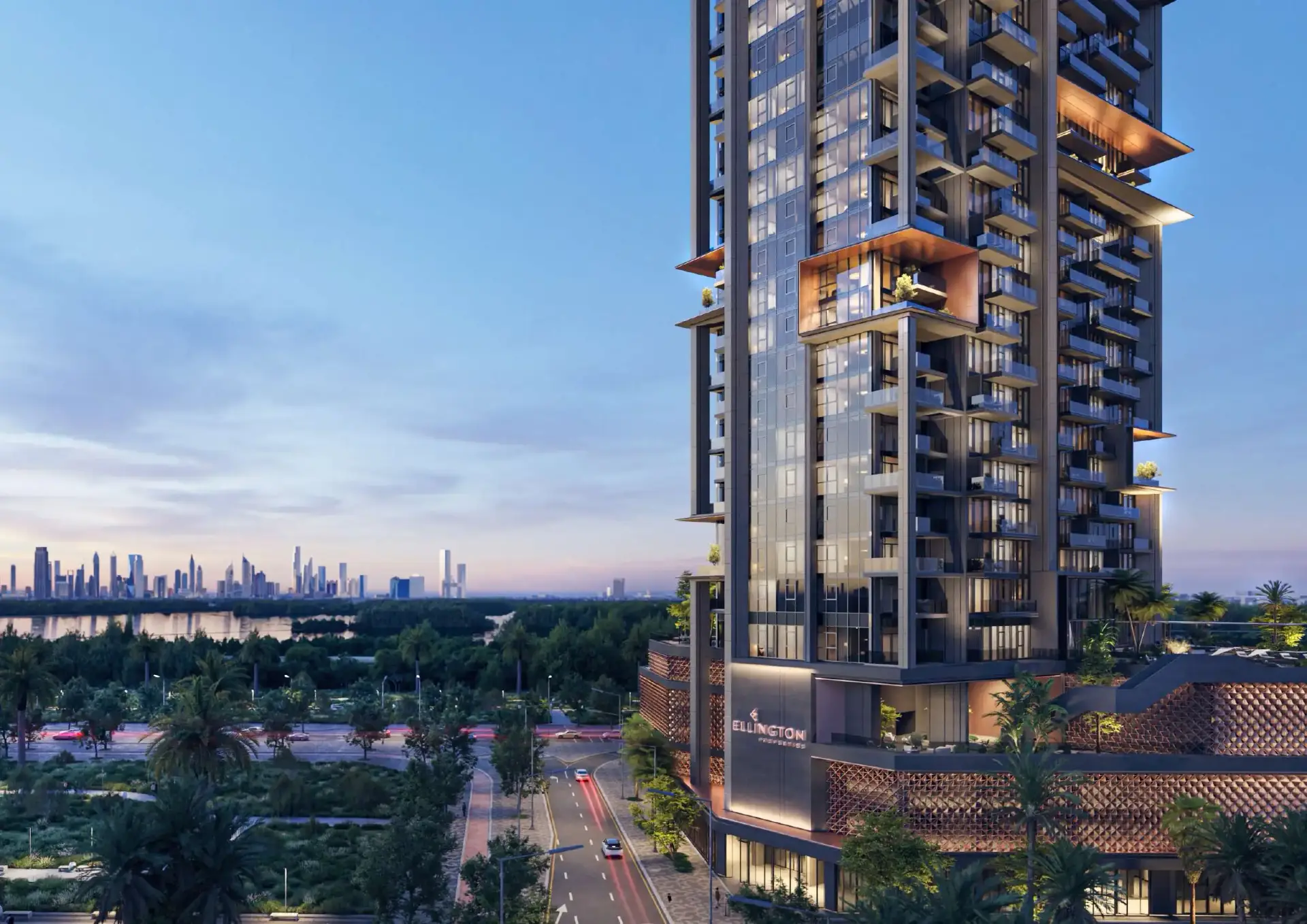 he Highgrove by Ellington - Luxury residential apartments in MBR City, Dubai, featuring modern design, expansive balconies, and views of the Dubai skyline and crystal lagoons.