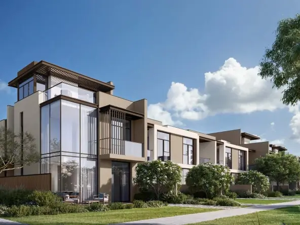 La Tilia at Villanova - 3 and 4-bedroom modern townhouses in Dubailand featuring sleek architecture, private gardens, and lush community amenities.