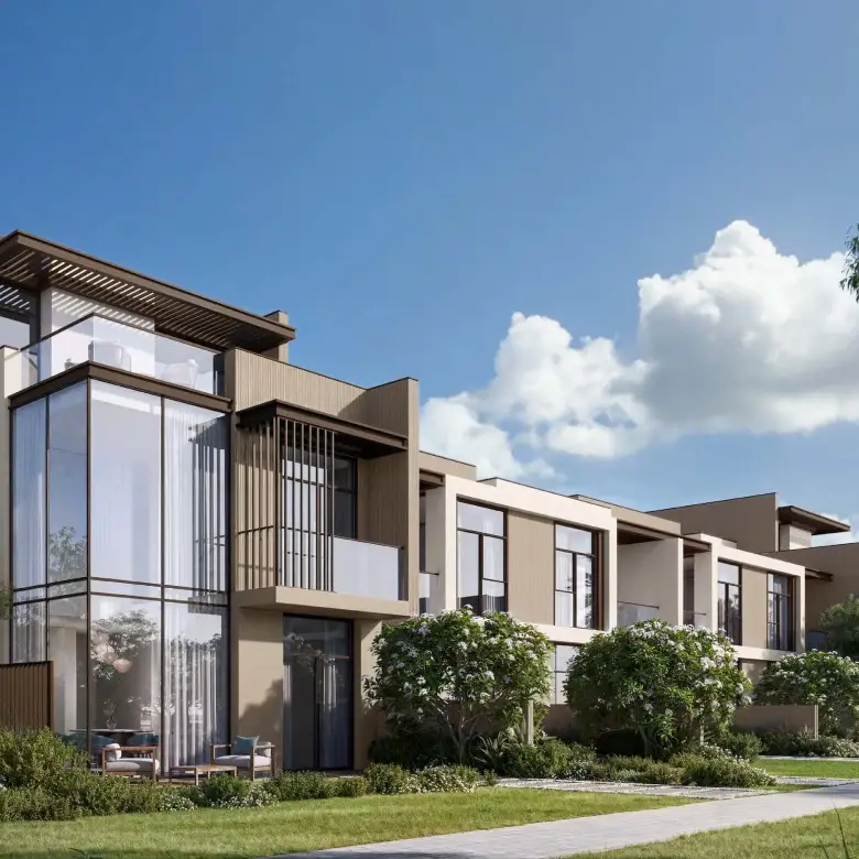 La Tilia at Villanova - 3 and 4-bedroom modern townhouses in Dubailand featuring sleek architecture, private gardens, and lush community amenities.