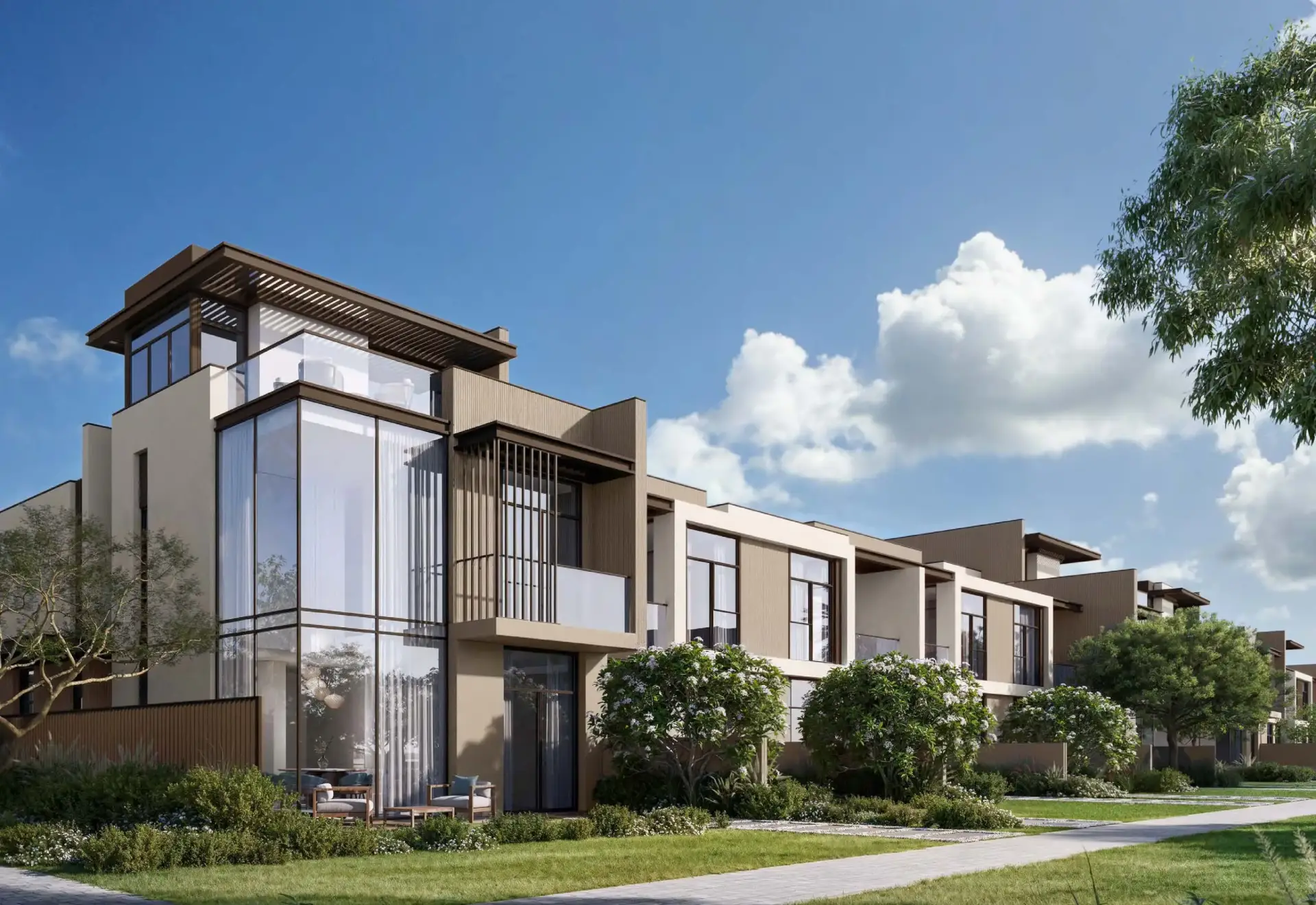 La Tilia at Villanova - 3 and 4-bedroom modern townhouses in Dubailand featuring sleek architecture, private gardens, and lush community amenities.