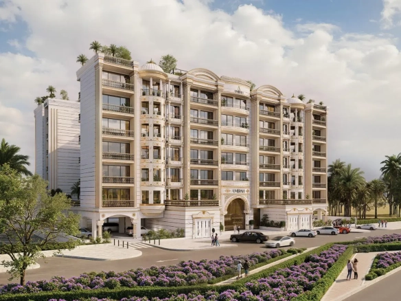 Elegant modern building with landscaping.