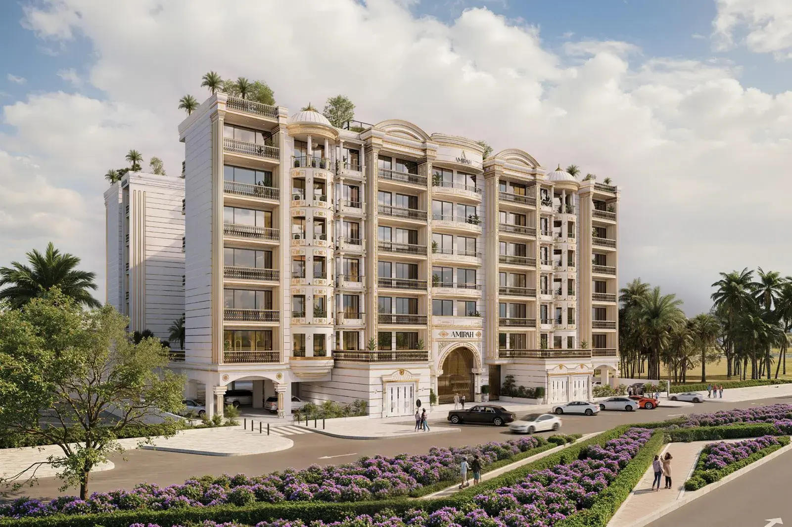 Elegant modern building with landscaping.